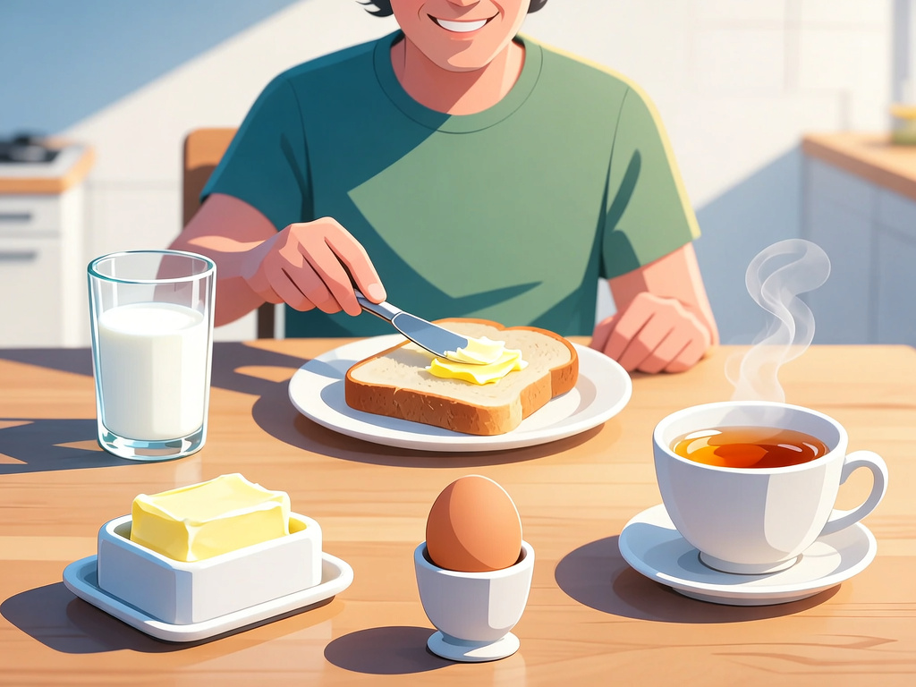 Kahvaltı masasında ekmek, tereyağı, süt, yumurta ve çay